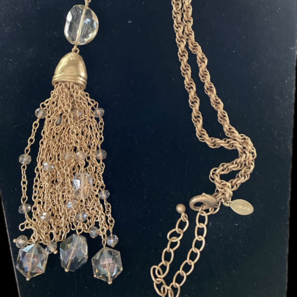 Chicos Gold Tassel Necklace w/ Crystals